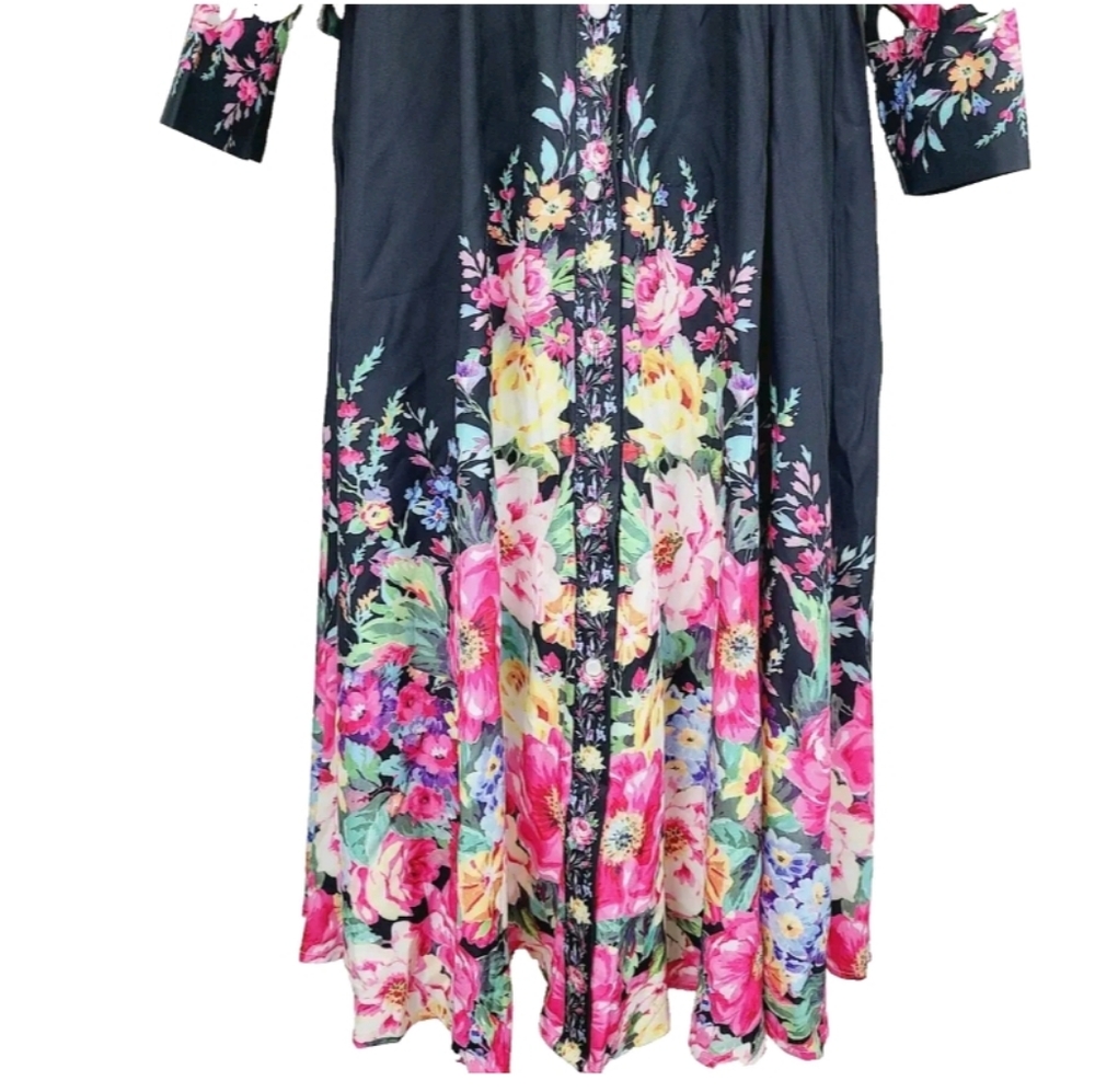 Nwt Dalia MacPhee Dress Large Black Pink Floral Button-Front  Long Sleeve Mi… - Picture 3 of 13